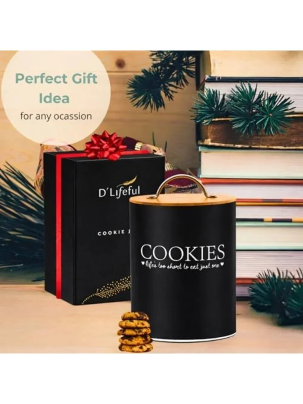 Airtight Cookie Jar with Bamboo Lid - 1.1 Gallon, Farmhouse Style, Black Decor